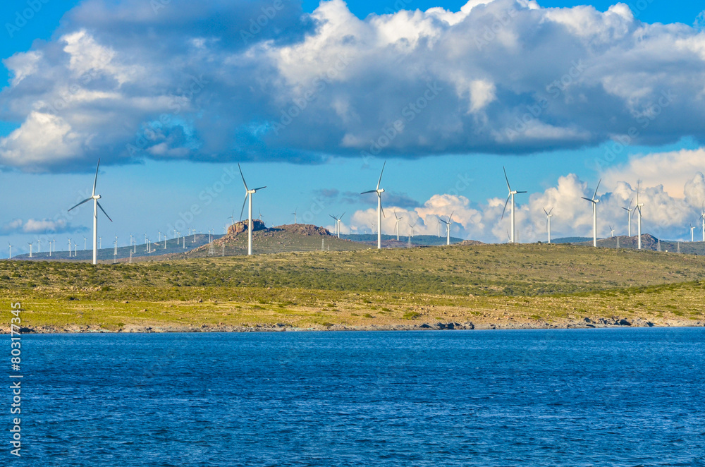 wind farm on the coast of Mersin Koyu inlet near Alacati (Izmir province, Turkiye)