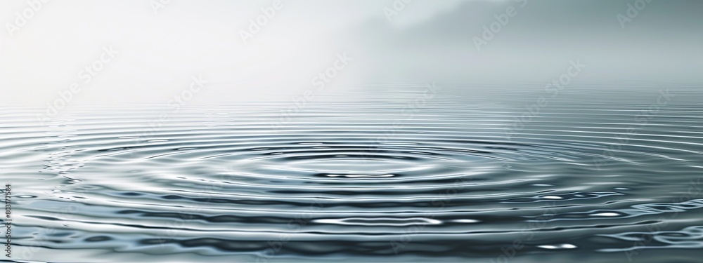 Close-up of a single water droplet creating symmetrical ripples on a still water surface. Black and white style Close-up of a single water droplet creating symmetrical ripples on a still water surface. Black and white style