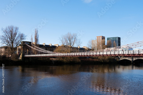 Glasgow Scotland: 12th Feb 2024: South Portland Street Suspension Bridge on River Clyde during sunny winter morning