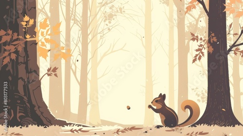 A minimalist autumnal illustration of a chipmunk among birch trees