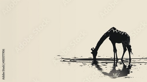 Elegant silhouette of a giraffe drinking water, minimalist art style