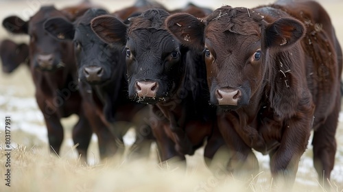 Cattle grazing on feed in barn stalls, livestock feeding on fodder in stable row photo