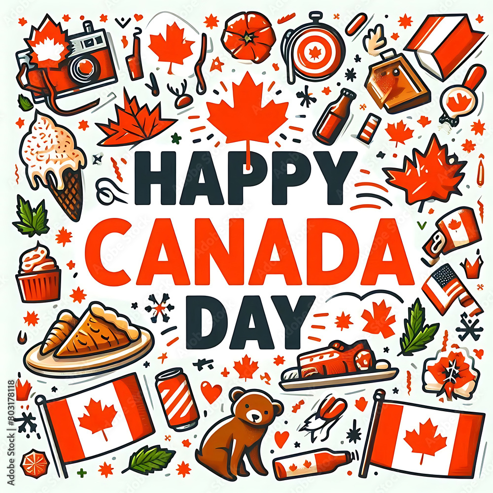 Sign Happy Canada Day with Canadian symbols on white background