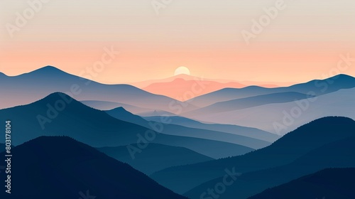Serene mountain landscape at sunset with layered hills and a calm moonrise