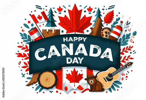 Sign Happy Canada Day with Canadian symbols on white background