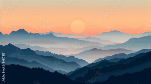 Serene mountain landscape at sunset with layered hills and a calm moonrise