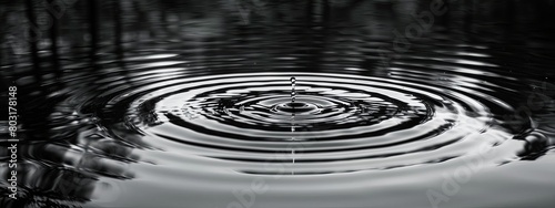 Close-up of a single water droplet creating symmetrical ripples on a still water surface. Black and white style