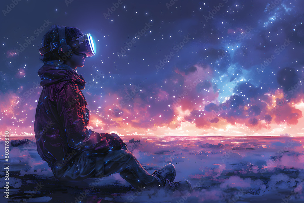 Virtual Reality Explorer in a Futuristic Utopian Cityscape Virtual Reality Explorer in a Futuristic Utopian Cityscape