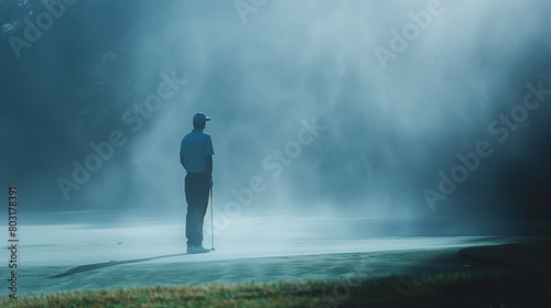 Silhouetted golfer standing with club on a misty golf course and contemplating a serene, foggy landscape. Generative AI