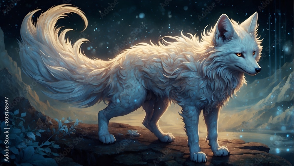 A celestial kitsune creature, shimmering with ethereal light, its nine tails trailing behind like wisps of stardust A celestial kitsune creature, shimmering with ethereal light, its nine tails trailing behind like wisps of stardust