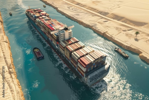 aerial view of ever given container ship freed in suez canal 3d illustration photo