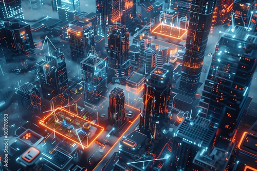 Craft a mesmerizing aerial perspective of a futuristic digital cityscape teeming with floating holographic trading hubs and neon-lit skyscrapers, bringing the concept of trading into the cyber world t