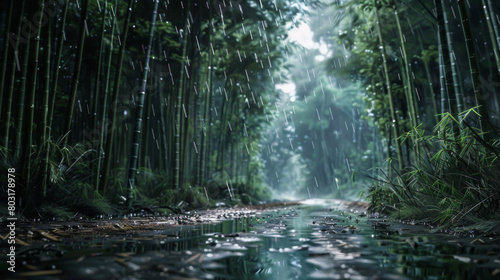 Rainy day  Bamboo forest. Beautiful landscape in a bamboo forest during the rain