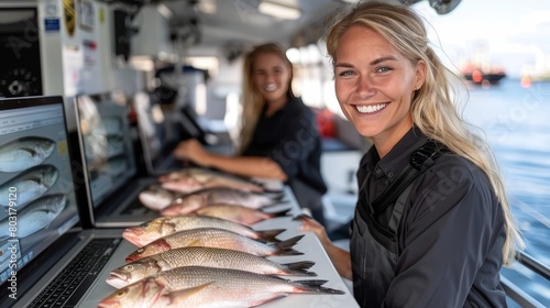 Experienced female angler employing modern marine technology on a fishing vessel photo