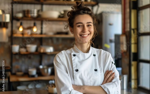 Portrait of smiling female chef with crossed arms in the kitchen