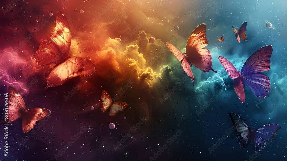 Rainbow-colored butterflies fly through space against a background of dark space with stars and galaxies, symbolizing freedom and beauty. The color palette includes blue,green, purple, pink, yellow, w Rainbow-colored butterflies fly through space against a background of dark space with stars and galaxies, symbolizing freedom and beauty. The color palette includes blue,green, purple, pink, yellow, w