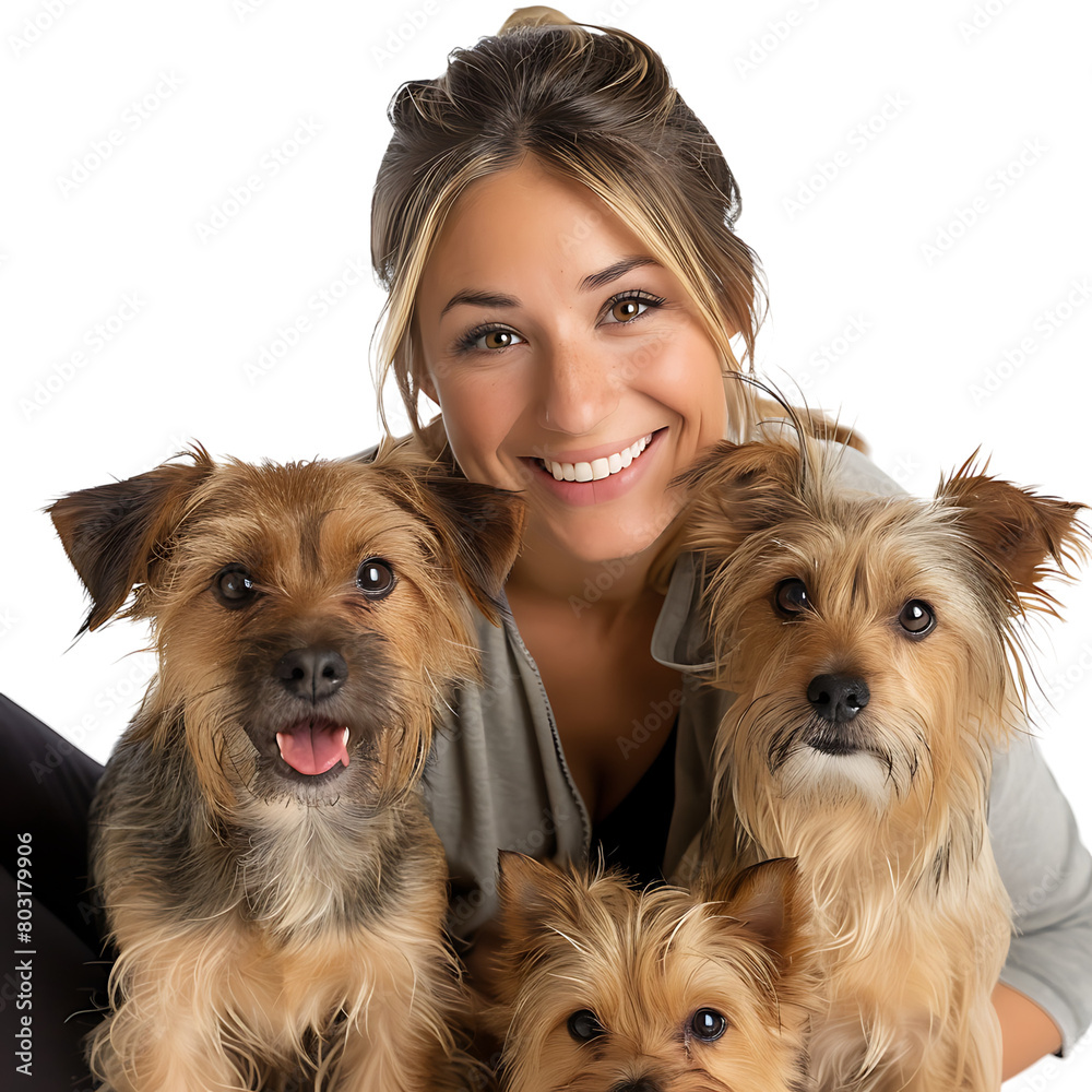 Woman with 2 pet dogs on isolated transparent background Woman with 2 pet dogs on isolated transparent background
