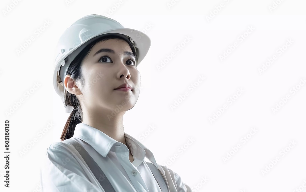 Asian engineer or architect worker woman in white safety helmet standing on isolated white background. Mechanic service factory Professional work job in uniform. Asian engineer or architect worker woman in white safety helmet standing on isolated white background. Mechanic service factory Professional work job in uniform.