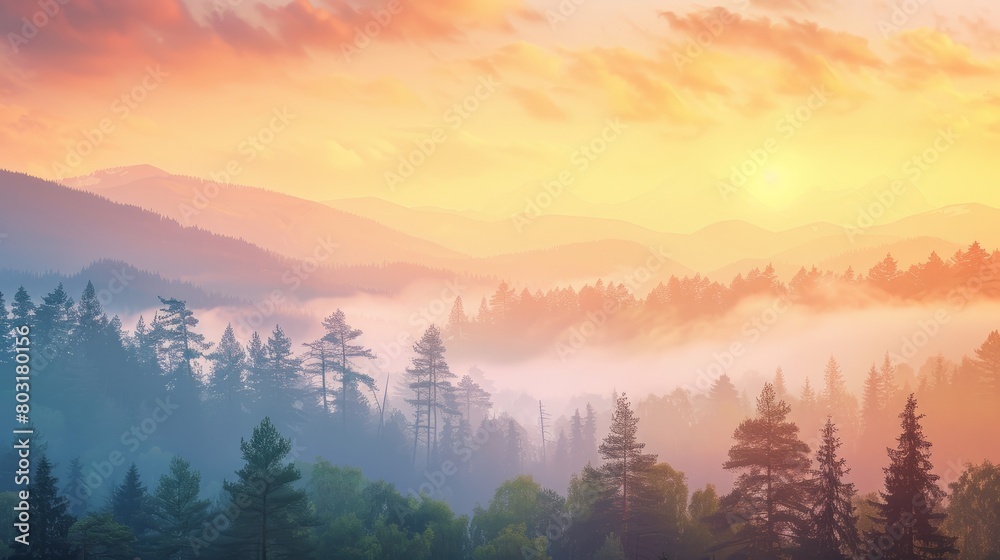 Sunrise landscape with misty forest, distant mountains and sunrise sky