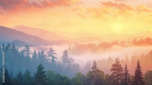 Sunrise landscape with misty forest  distant mountains and sunrise sky