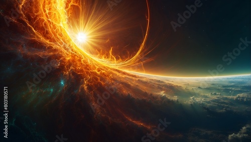 A shimmering golden sun with swirling tendrils of plasma extending outward