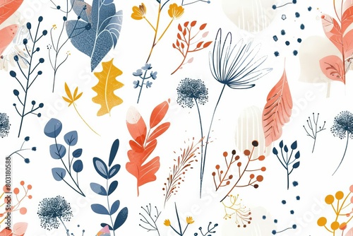 autumn floral pattern with organic lines and textures on white background abstract illustration