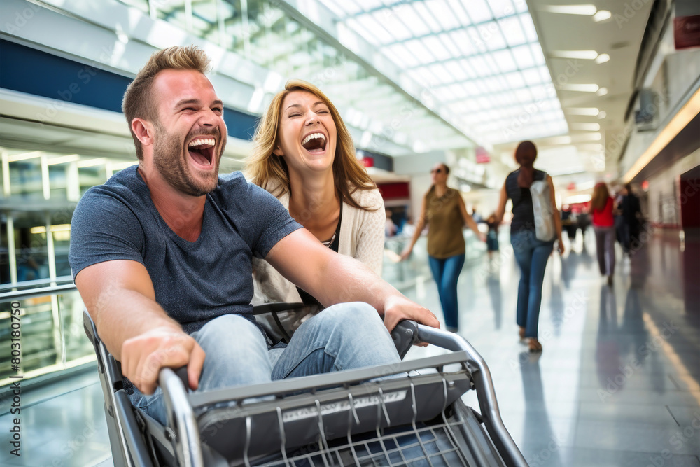 A man and woman burst into laughter as they push a shopping cart filled with their belongings during a joyful journey A man and woman burst into laughter as they push a shopping cart filled with their belongings during a joyful journey