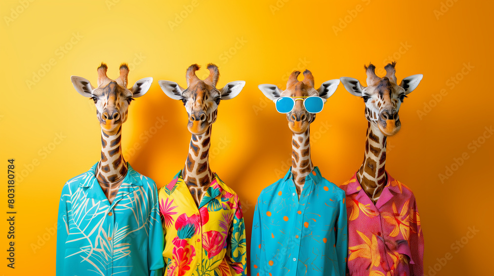 giraffes in colorful glasses and clothes. giraffes in a group, vibrant bright fashionable outfits on yellow background. Creative giraffes birthday concept. giraffes in colorful glasses and clothes. giraffes in a group, vibrant bright fashionable outfits on yellow background. Creative giraffes birthday concept.