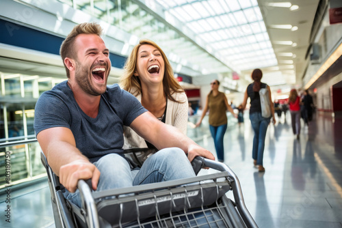 A man and woman burst into laughter as they push a shopping cart filled with their belongings during a joyful journey photo