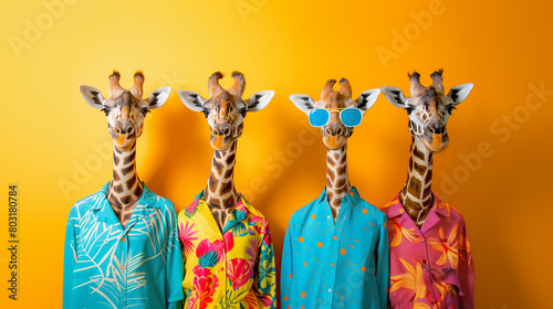 giraffes in colorful glasses and clothes. giraffes in a group, vibrant bright fashionable outfits on yellow background. Creative giraffes birthday concept.