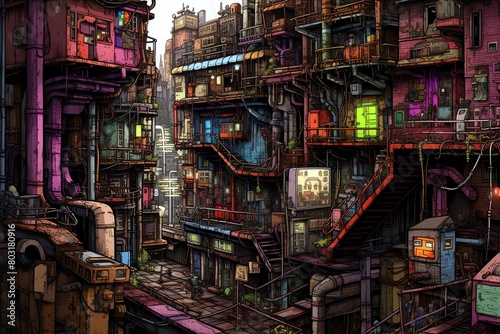 Illustrate a pixel art interpretation of urban decay, portraying a dystopian future from a high-angle viewpoint with unexpected camera angles emphasizing the chaos and desolation Use vibrant colors an photo