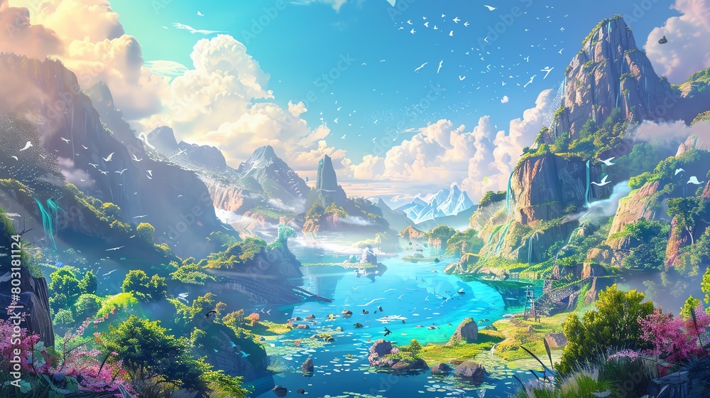 Illustrate a serene panoramic view for an E-learning platform, showcasing a vast digital landscape with engaging elements Use vibrant colors and digital rendering techniques to evoke a sense of calm a