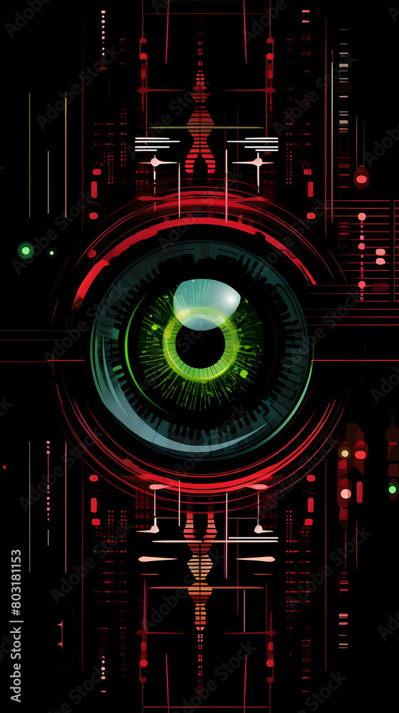 Biometric Identification System with Red and Green Iris Scans on Black Background
