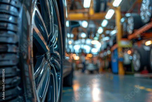 blurred background of car in mechanics shop ready for tire change automotive service