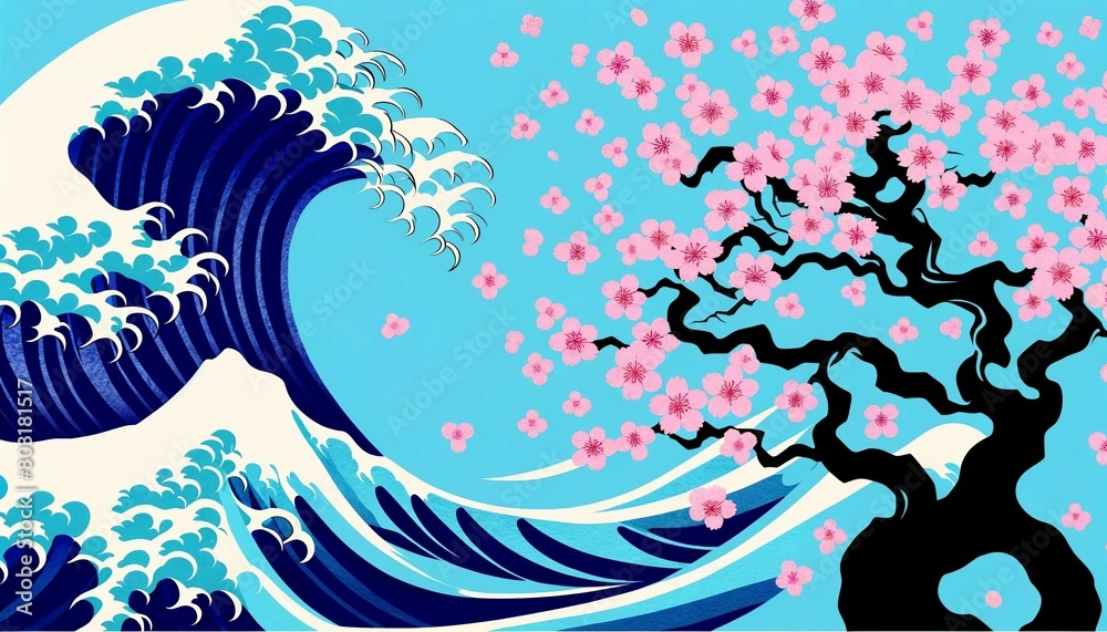 Abstract Hokusai Style Background with Waves and Sakura, Generative AI Abstract Hokusai Style Background with Waves and Sakura, Generative AI