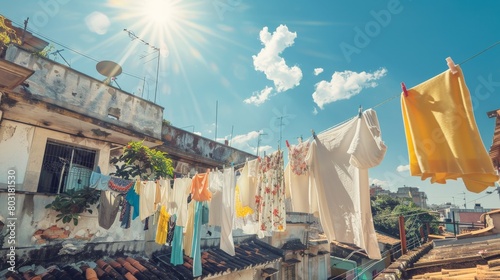 Clothes hanging on a clothesline in a sunny day