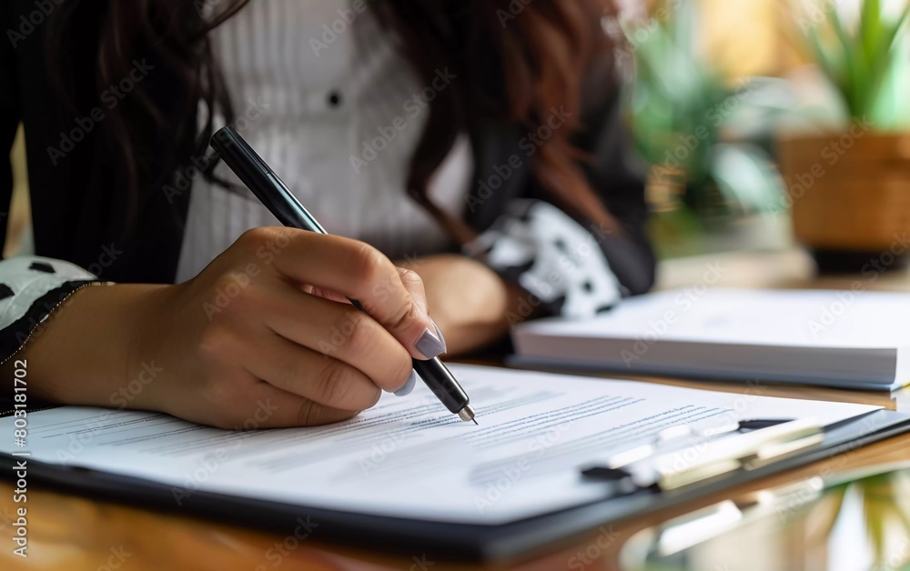 Close up view of female hand holding pen signing legal paper sitting at table indoors, client receiving service confirming document Close up view of female hand holding pen signing legal paper sitting at table indoors, client receiving service confirming document