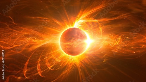 Total solar eclipse displaying solar flares and coronal ejections during totality. Concept Solar Eclipse, Solar Flares, Coronal Ejections, Totality, Astronomical Phenomenon