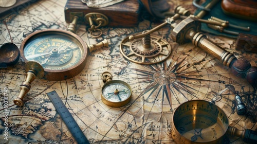 An old geographic map with navigational tools: compass, divider, ruler, protractor. View of the workplace of ship's captain. Travel, geography, navigation, tourism and exploration concept background. photo