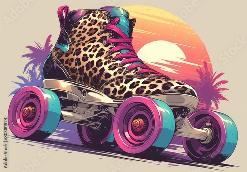 artistic roller skate with wheels made from leopard print and rainbow colors, a colorful sun in the background photo