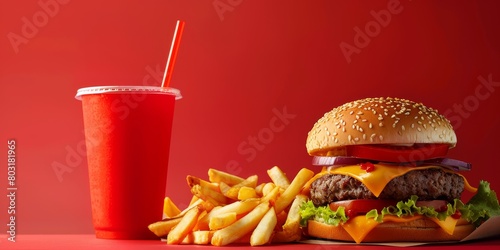 A Gastronomic Palette: Burger, Fries, Drink on Vibrant Red © Виктория Лапина