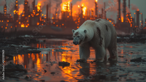 a polar bear walking across the artic tundra  oil refinery on fire in the background generative ai