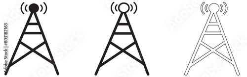 Antenna icon set. Radio antenna icon. Radio tower icons. Communication towers collection. Transmitter receiver wireless signal icons. Vector