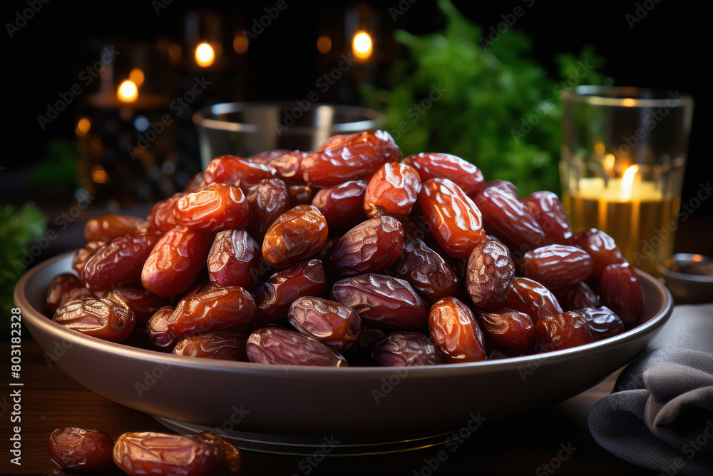 Fresh and delicious dates in plate. Ramadan festival concept. Fresh and delicious dates in plate. Ramadan festival concept.