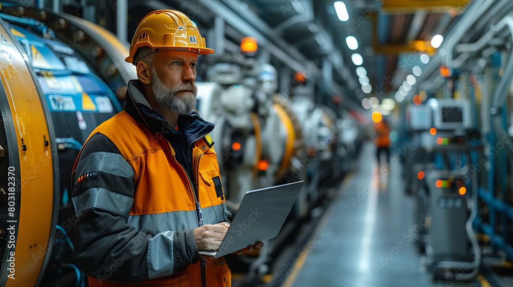 Obraz premium engineer in full safety attire, including a helmet and reflective vest. - factory interior exuding confidence and control. He holds a laptop, sophisticated design and the factory's clean, organized.