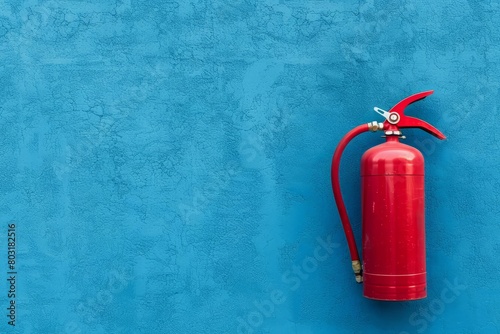 bright red fire extinguisher mounted on blue wall fire safety equipment in public buildings emergency preparedness concept