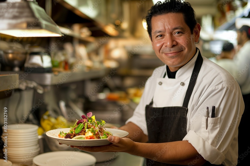 Smiling chef presenting gourmet dish in restaurant kitchen
