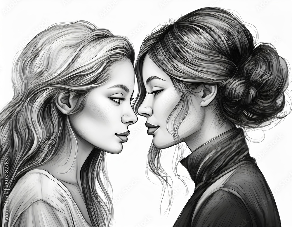 Sensual Black and White Drawing of Two Women Celebrating Girlfriends Day with a Loving Same-Sex Kiss Sensual Black and White Drawing of Two Women Celebrating Girlfriends Day with a Loving Same-Sex Kiss