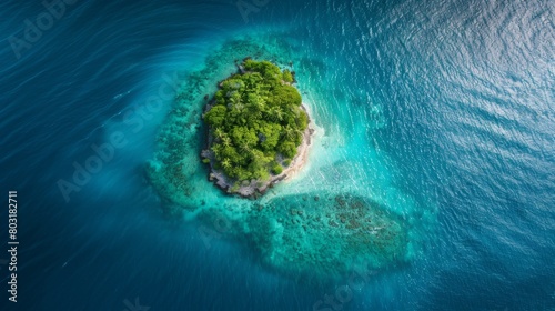 A drone shot of a small, picturesque island surrounded by a shimmering blue sea