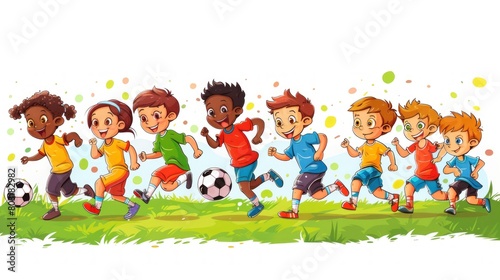 A group of children playing soccer
